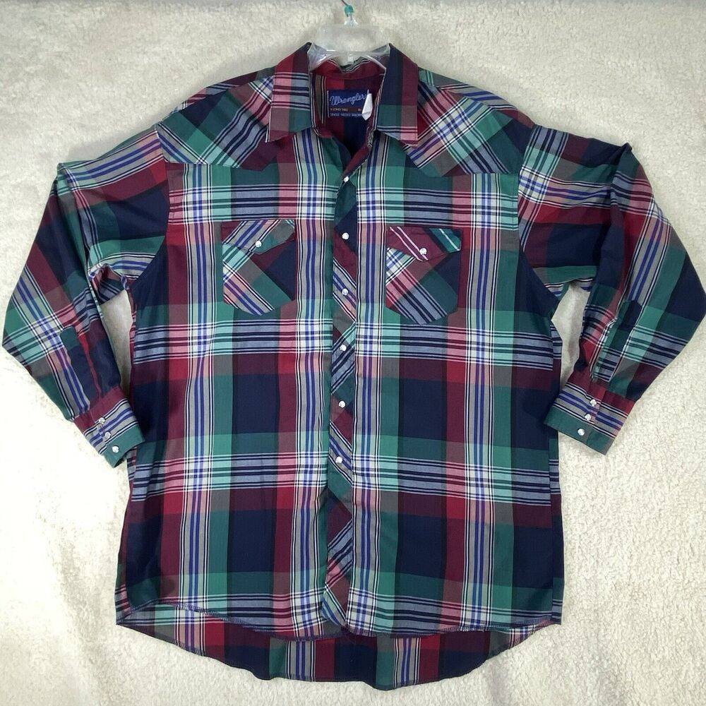 Vtg 90s Wrangler Mens Shirt Sz 2XL 18-36 Plaid Pearl Snap X-Long Tail Western